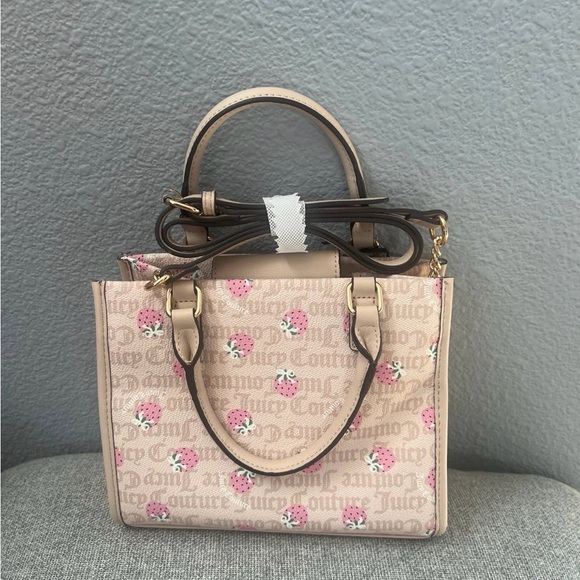 Juicy Couture Strawberry Print Satchel Gold Hardware Pink Beige Top Handles Bag - Picture 2 of 5